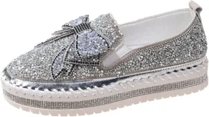 Thick Soft Platform Loafers for Women Sparkly Rhinestone Bow Decoration Single Shoes Elegant Banquet Shoes Work Heel