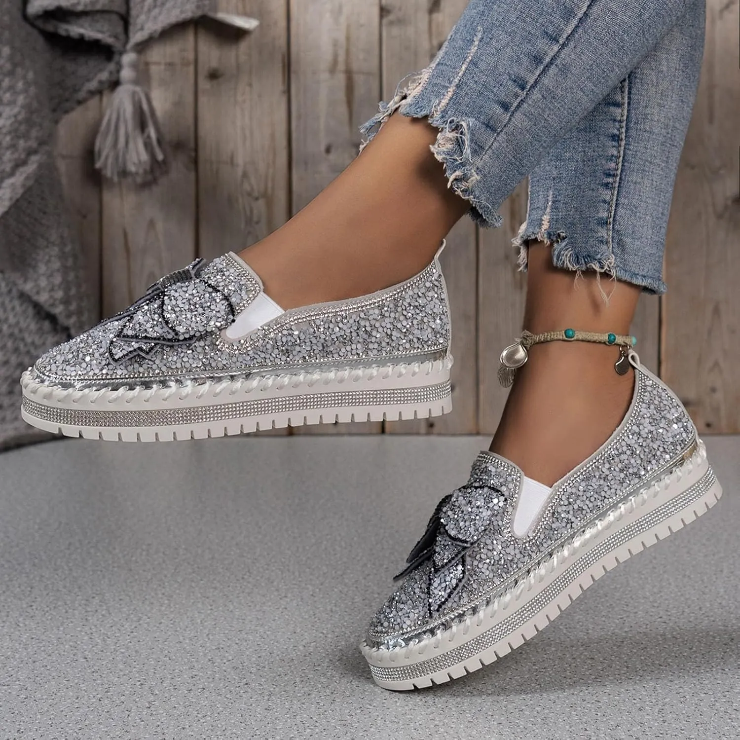 Thick Soft Platform Loafers for Women Sparkly Rhinestone Bow Decoration Single Shoes Elegant Banquet Shoes Work Heel