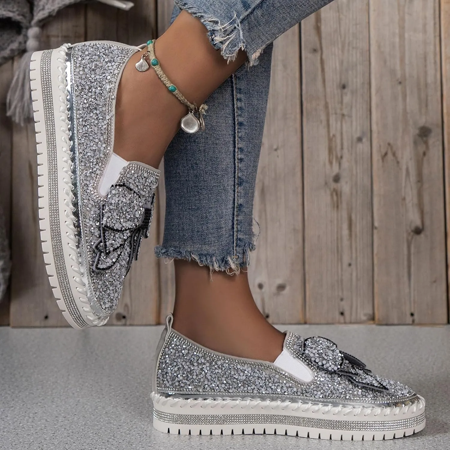 Thick Soft Platform Loafers for Women Sparkly Rhinestone Bow Decoration Single Shoes Elegant Banquet Shoes Work Heel