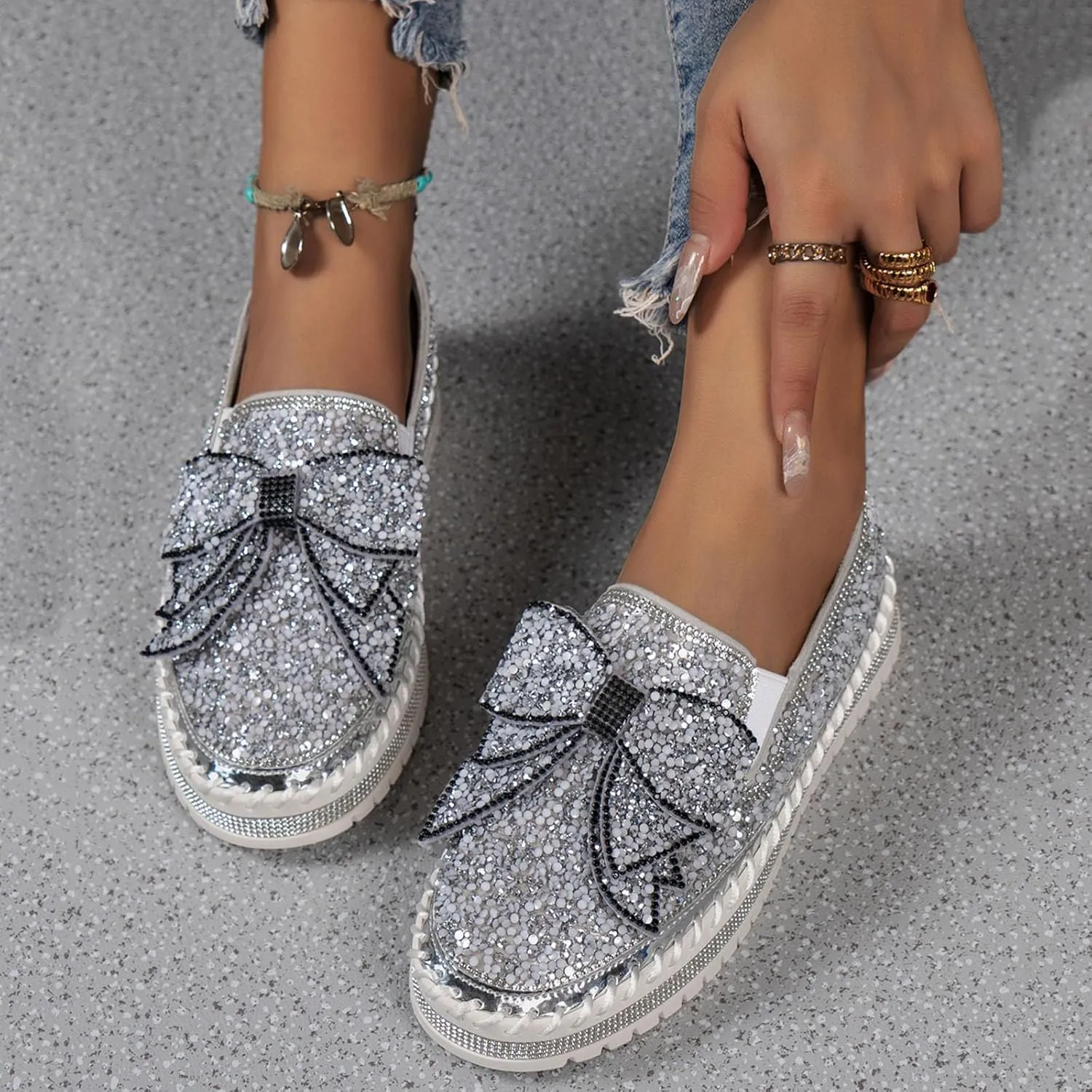 Thick Soft Platform Loafers for Women Sparkly Rhinestone Bow Decoration Single Shoes Elegant Banquet Shoes Work Heel