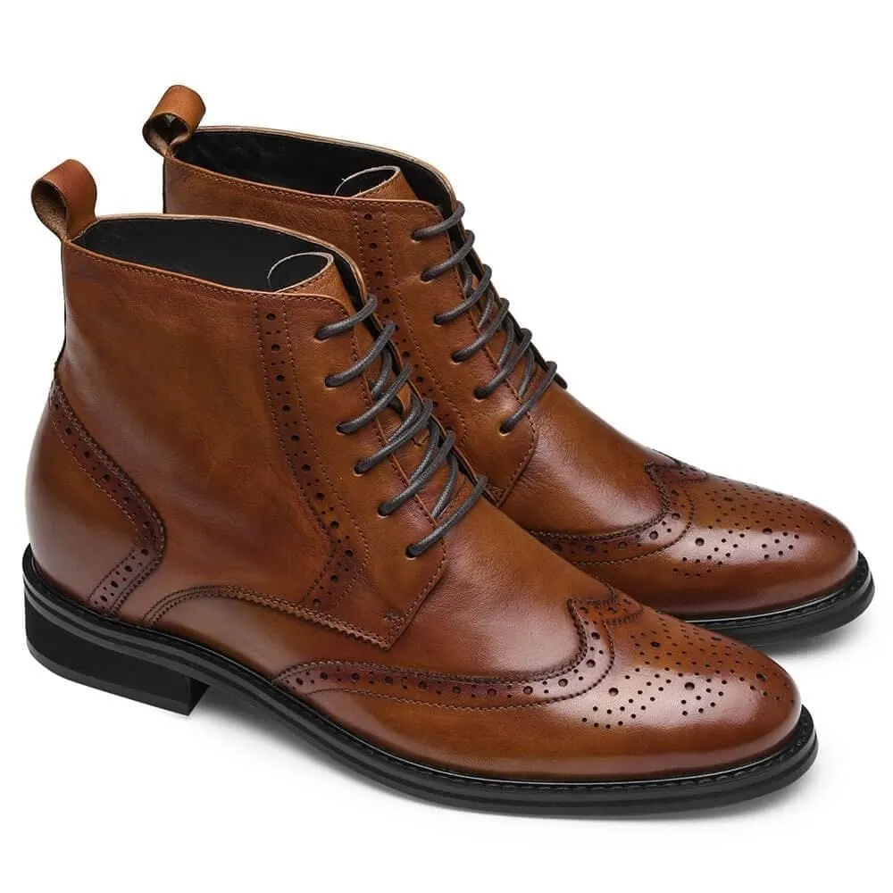 This item only ships to Europe - 7CM / 2.76 Inches CMR CHAMARIPA Invisible Height Increasing Elevator Boots Men's Brown Leather Boots