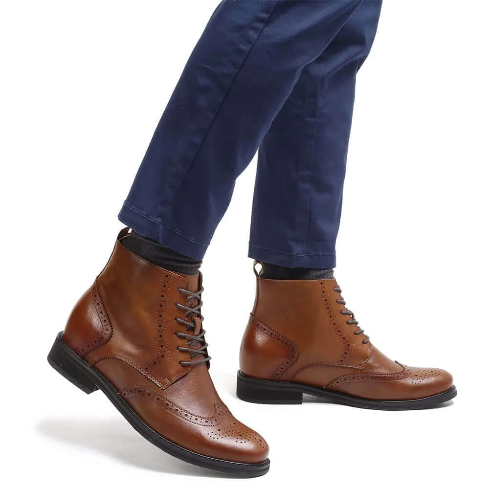 This item only ships to Europe - 7CM / 2.76 Inches CMR CHAMARIPA Invisible Height Increasing Elevator Boots Men's Brown Leather Boots