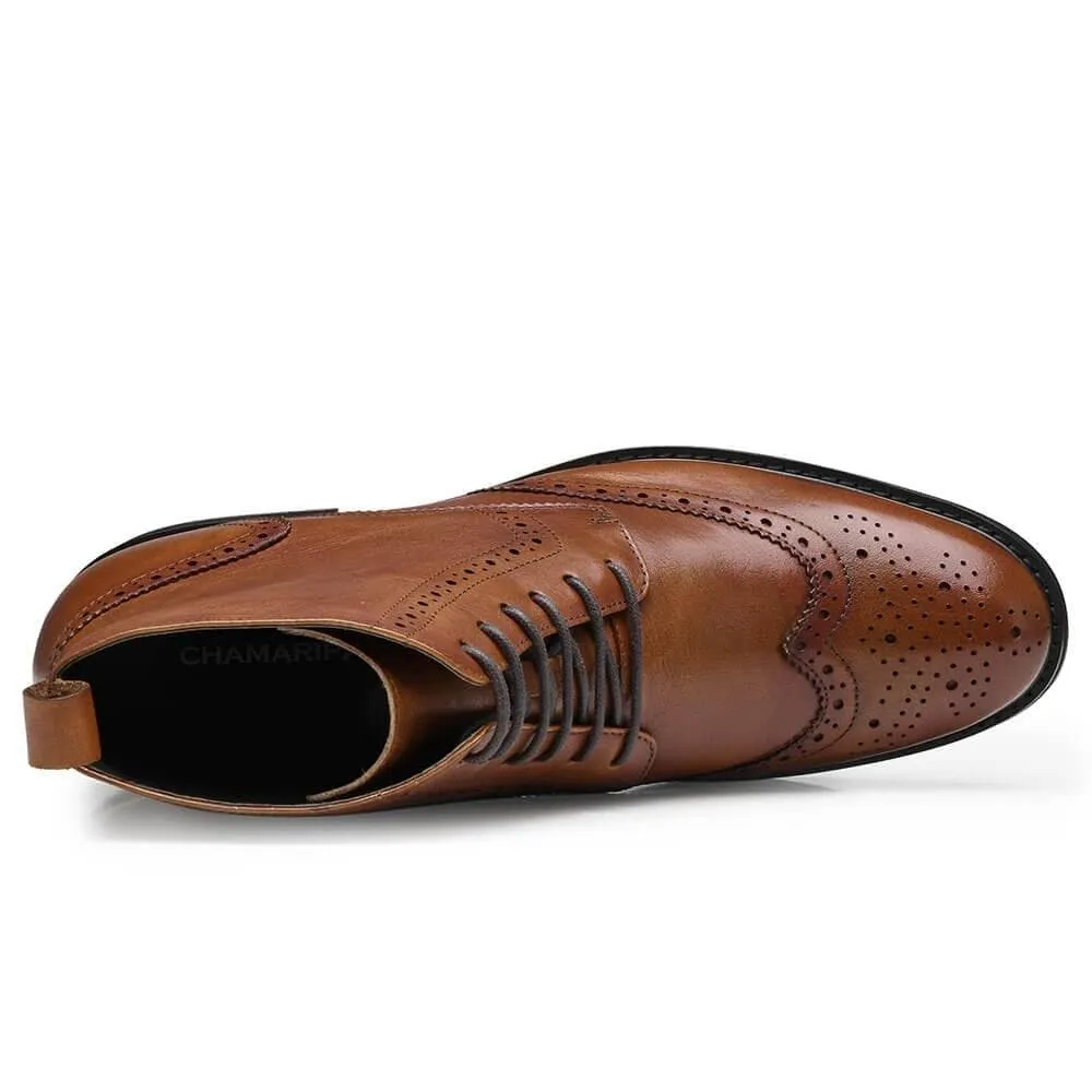 This item only ships to Europe - 7CM / 2.76 Inches CMR CHAMARIPA Invisible Height Increasing Elevator Boots Men's Brown Leather Boots