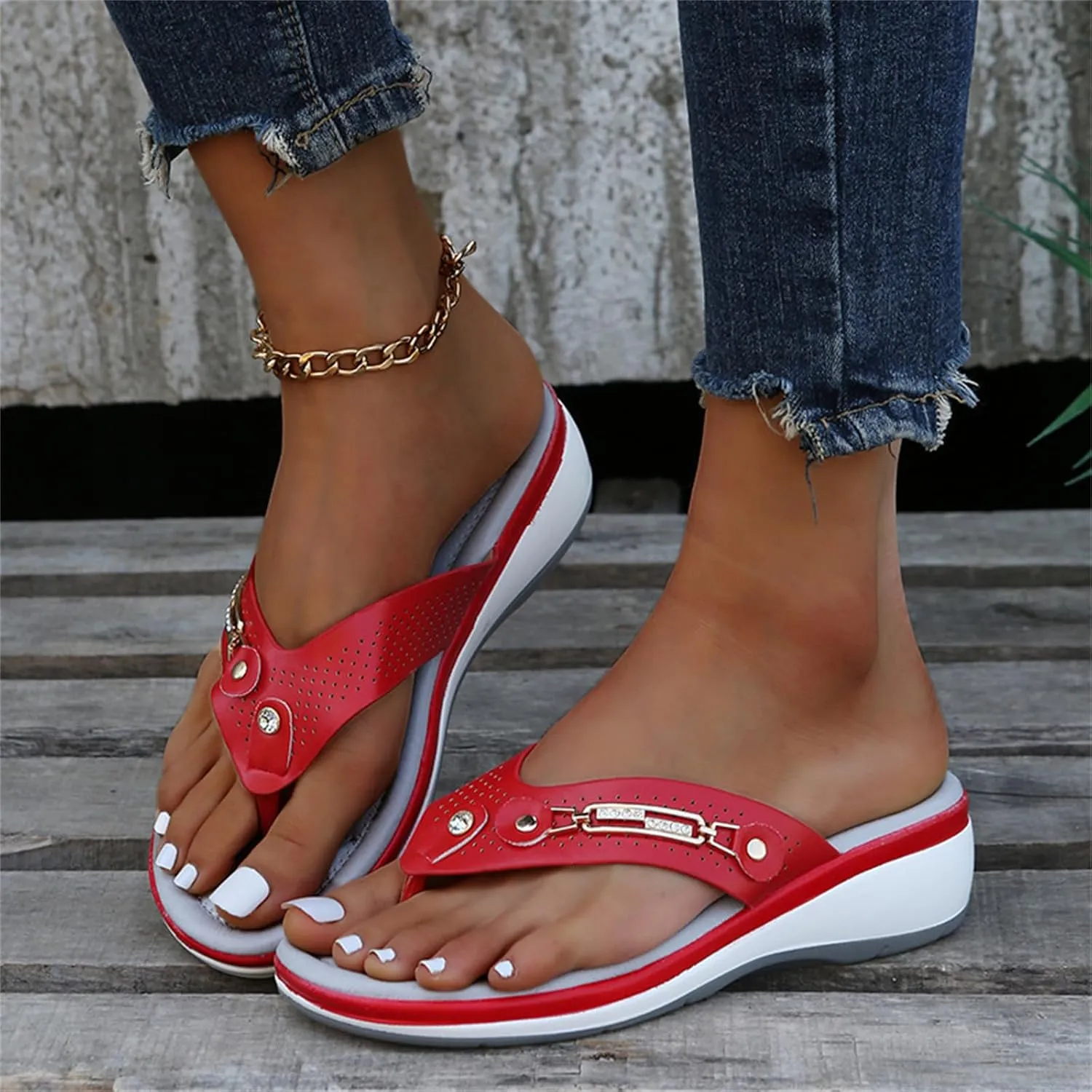 Thong Sandals for Women Arch Support Wedge Sandals Comfortable Dressy Flip Flops Summer Hollow Beach Slip-Ons Lightweight Soft Clip Toe Slides Fashion Travel Slippers