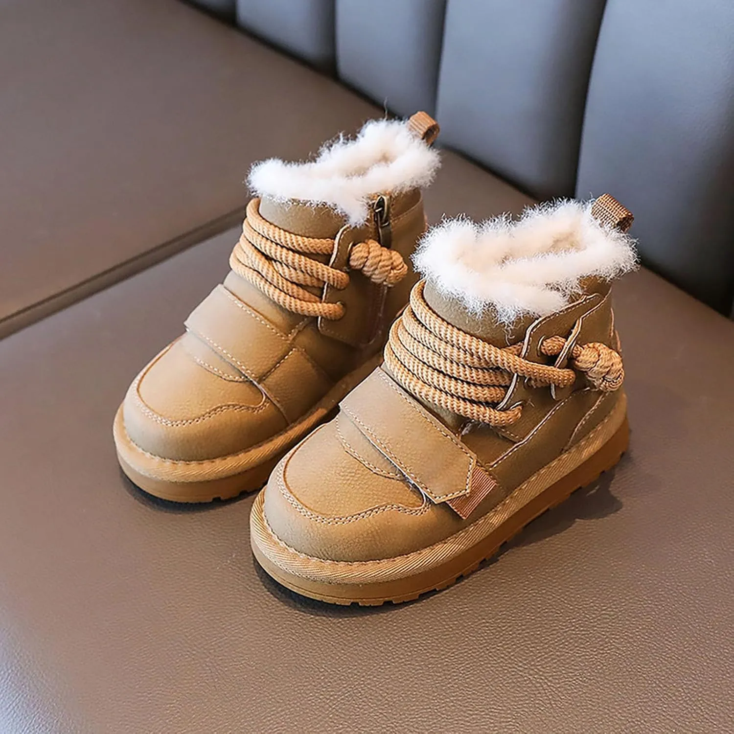 Toddler Fuzzy Leather Snow Booties Baby Boys Infant Open Toe Fashion Warm Shoes Outdoor Ski Lace-Up Non Slip Walking