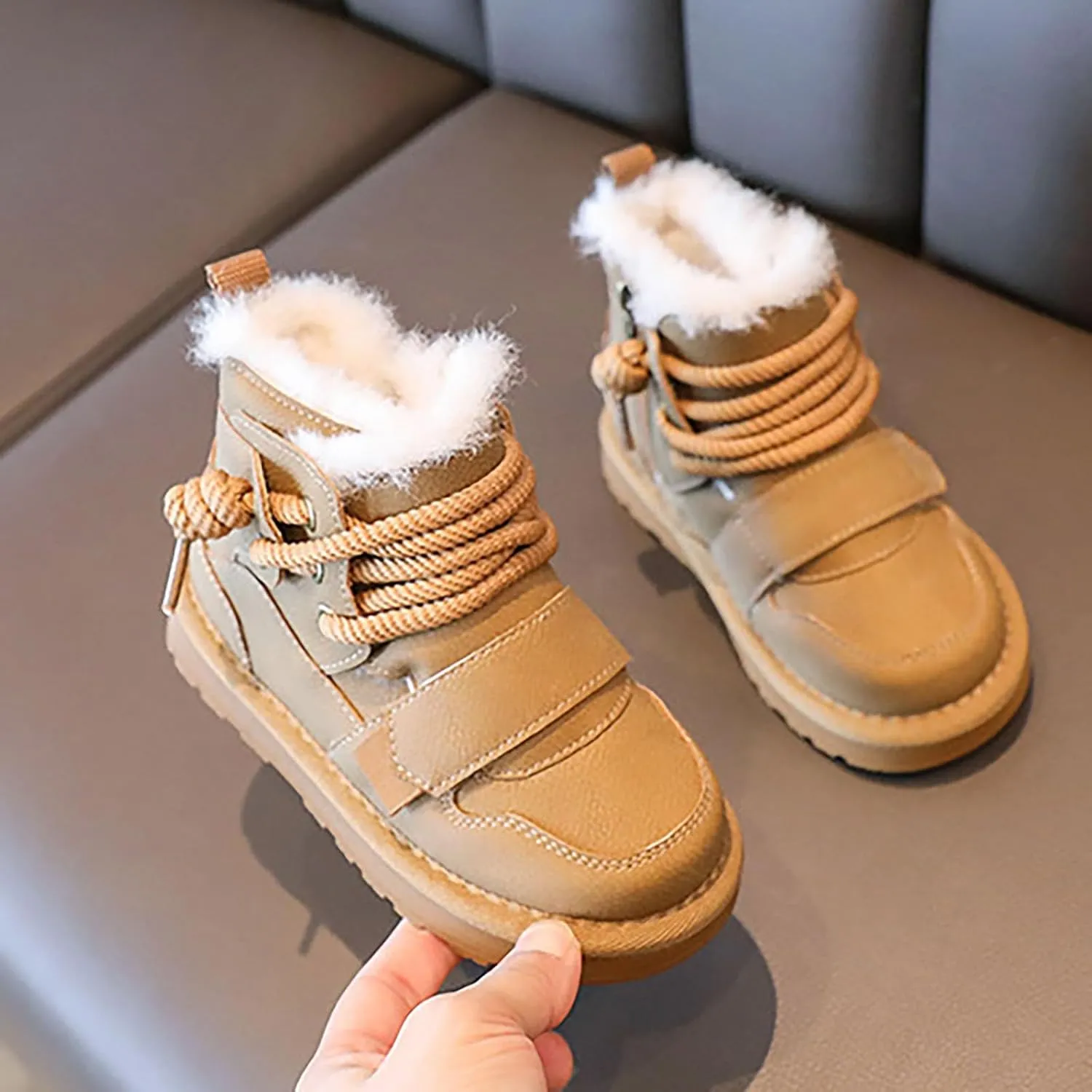 Toddler Fuzzy Leather Snow Booties Baby Boys Infant Open Toe Fashion Warm Shoes Outdoor Ski Lace-Up Non Slip Walking