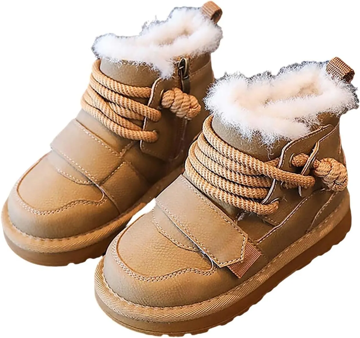 Toddler Fuzzy Leather Snow Booties Baby Boys Infant Open Toe Fashion Warm Shoes Outdoor Ski Lace-Up Non Slip Walking