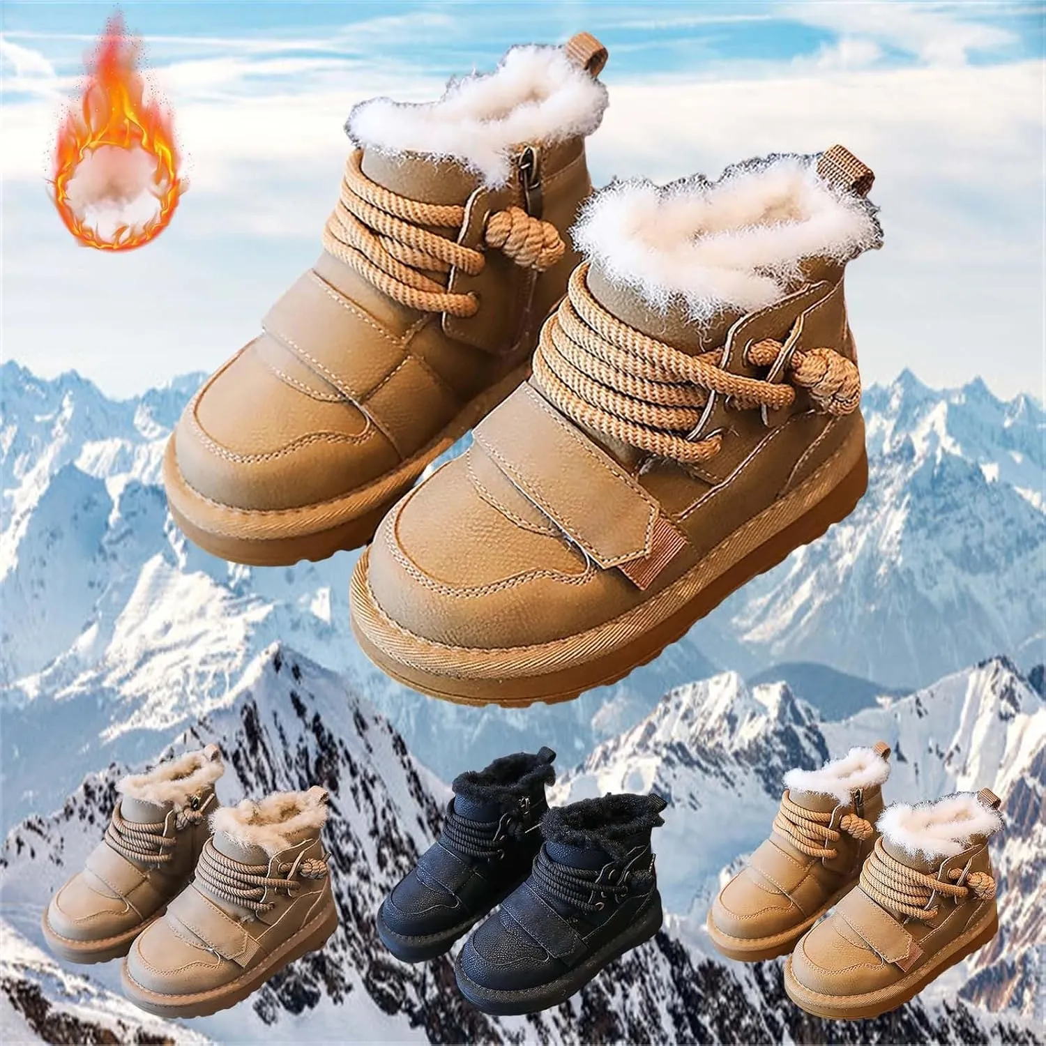 Toddler Fuzzy Leather Snow Booties Baby Boys Infant Open Toe Fashion Warm Shoes Outdoor Ski Lace-Up Non Slip Walking