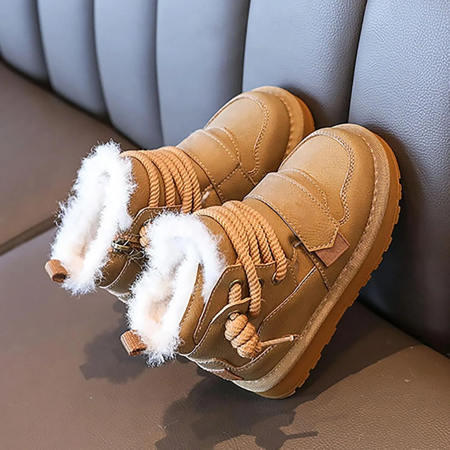 Toddler Fuzzy Leather Snow Booties Baby Boys Infant Open Toe Fashion Warm Shoes Outdoor Ski Lace-Up Non Slip Walking