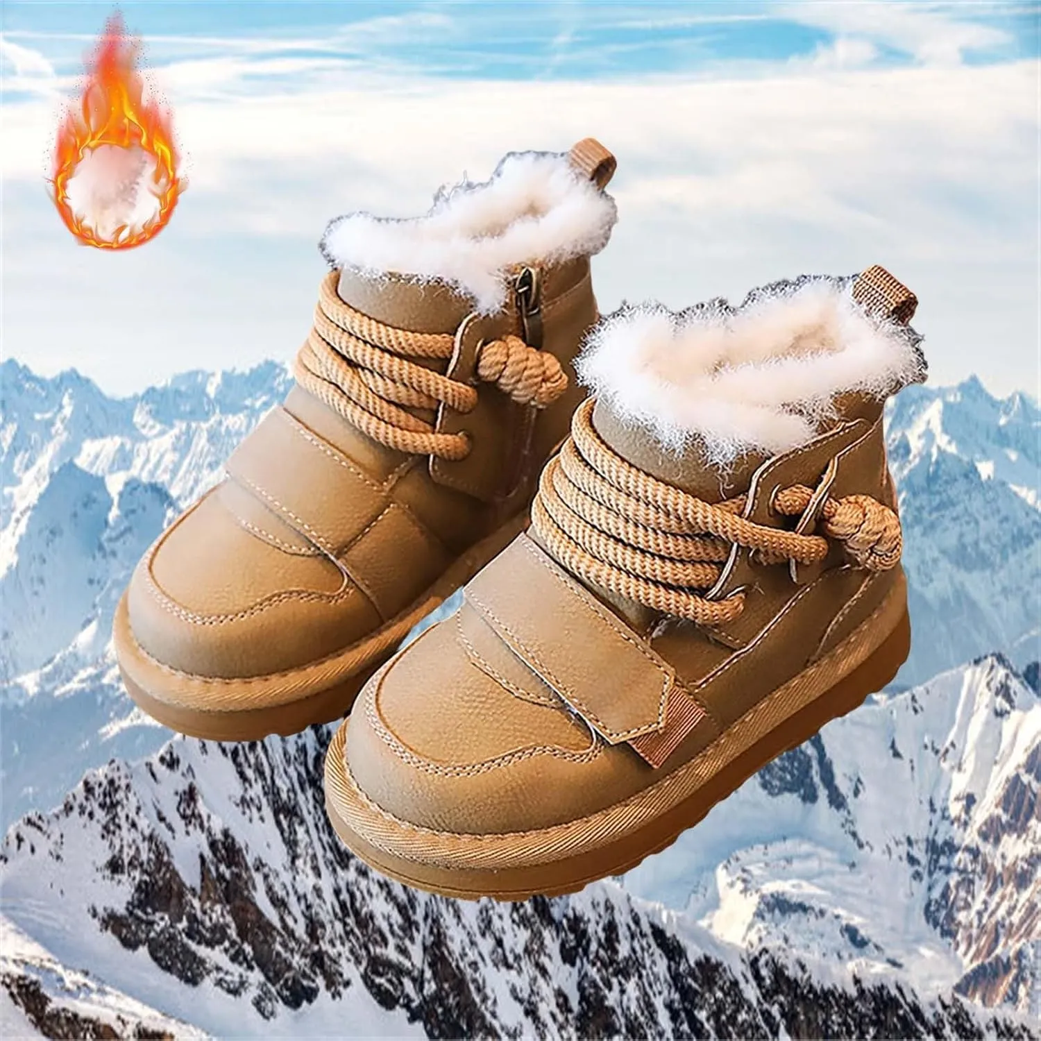 Toddler Fuzzy Leather Snow Booties Baby Boys Infant Open Toe Fashion Warm Shoes Outdoor Ski Lace-Up Non Slip Walking