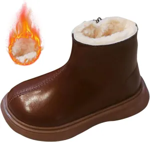 Toddler Fuzzy Snow Booties Side Zipper Leather Western Cowboy Shoes Kids Winter Warm Outdoor Ski Non Slip Boots Comfy