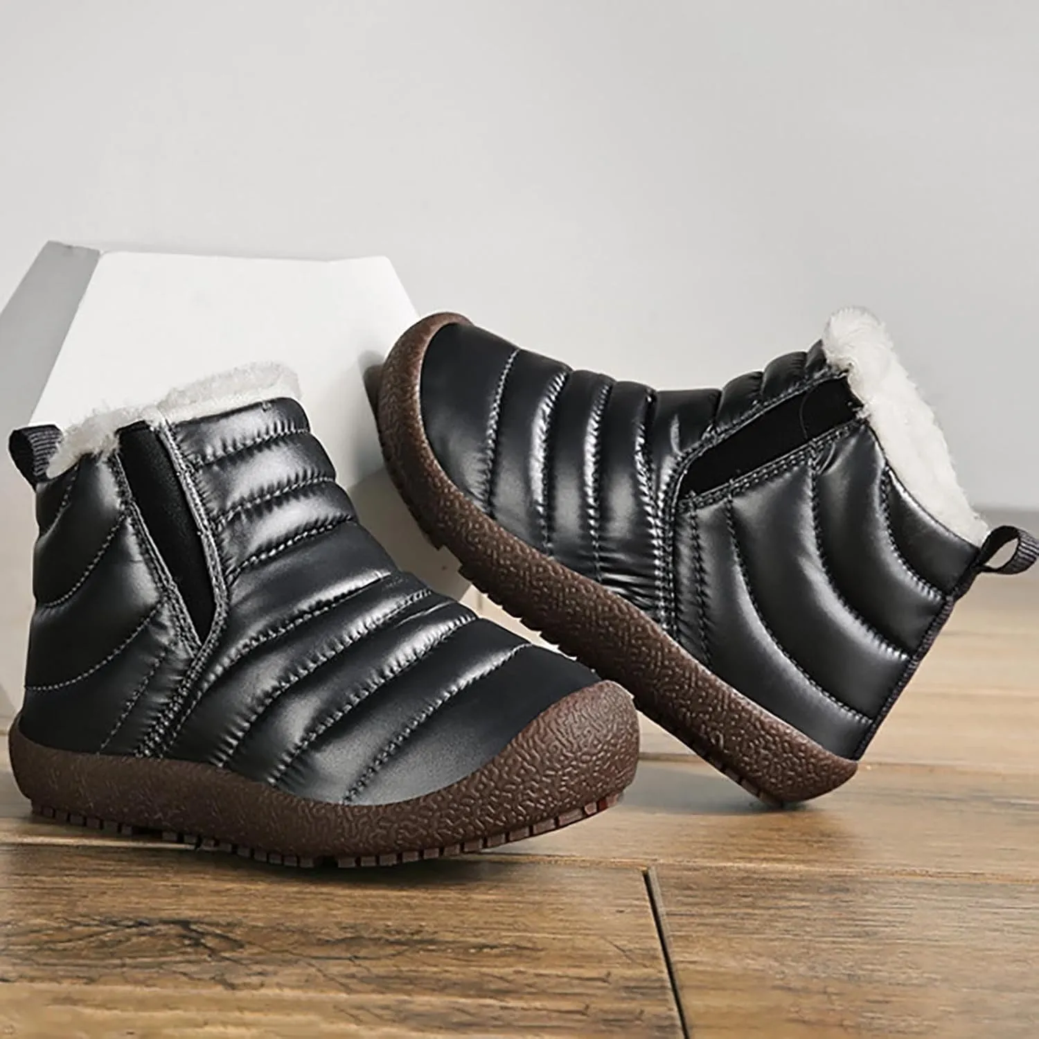 Toddler Snow Boots Winter Warm Booties Fr Lined Anti-Slip Ankle Boots Outdoor Slip On Waterproof Comfortable Booties