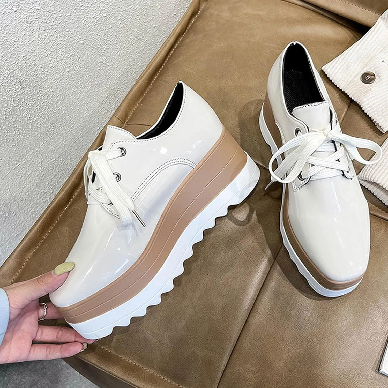 Toe Fashion Color Leather Shoes Women's Bright Solid Strap Casual Platform Shoes Womens Fashion Sneakers
