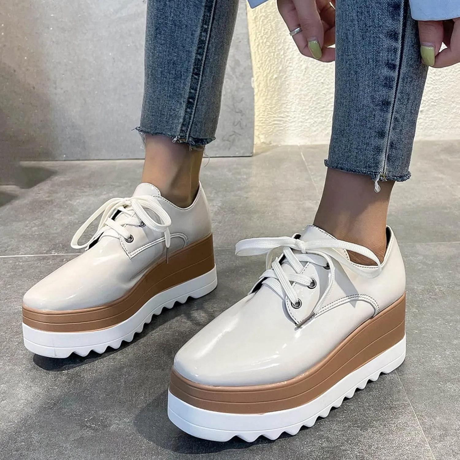 Toe Fashion Color Leather Shoes Women's Bright Solid Strap Casual Platform Shoes Womens Fashion Sneakers