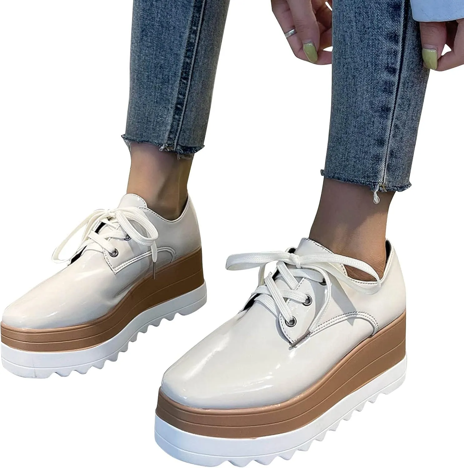 Toe Fashion Color Leather Shoes Women's Bright Solid Strap Casual Platform Shoes Womens Fashion Sneakers