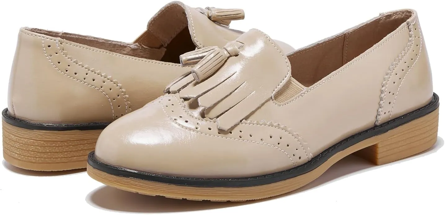 TRULAND Womens Leather Penny Loafers  Slip On Wingtip Oxfords Tassel Loafers Comfortable Casual Dressy Shoes for Office Work
