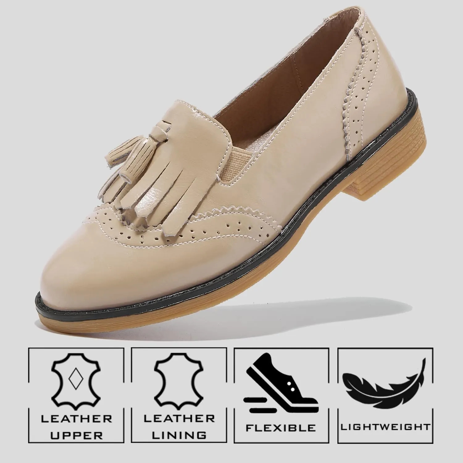 TRULAND Womens Leather Penny Loafers  Slip On Wingtip Oxfords Tassel Loafers Comfortable Casual Dressy Shoes for Office Work