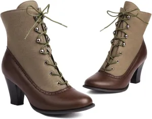 Victorian Boots for Women - Womens Chunky High Heel Booties Round Toe Ankle Boots Lace Up Patchwork Vintage Elegant Shoes Short Knight Boots for Wedding Bridal Costume Cosplay