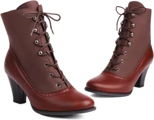 Victorian Boots for Women - Womens Chunky High Heel Booties Round Toe Ankle Boots Lace Up Patchwork Vintage Elegant Shoes Short Knight Boots for Wedding Bridal Costume Cosplay