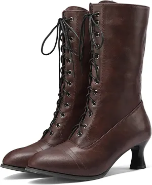Victorian Boots for Women - Women's Mid Calf Boots Victorian Boots Round Toe Black Boots Chunky Heel Lace Up Witch Boots Knight Boots for Women Faux Leather Boots Vintage Elegant Shoes