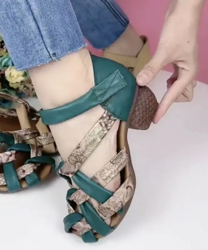 Vintage Hollow Out Splicing Chunky Sandals Green Genuine Leather Print LY1741