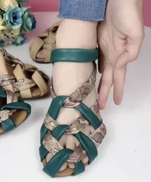 Vintage Hollow Out Splicing Chunky Sandals Green Genuine Leather Print LY1741
