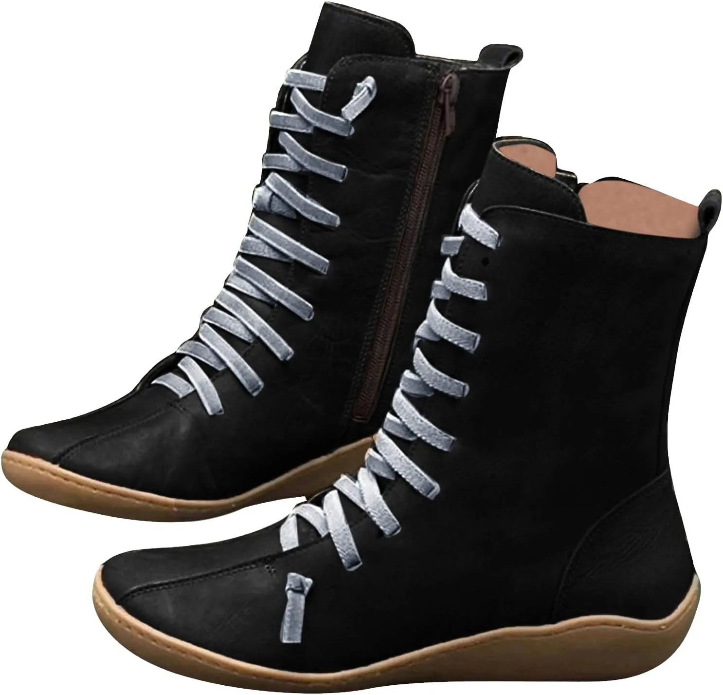 Waterproof Boots for Women Hiking Boots Women Round Toe Flat Lace up Mid Calf Hiking Boots for Women Comfortable