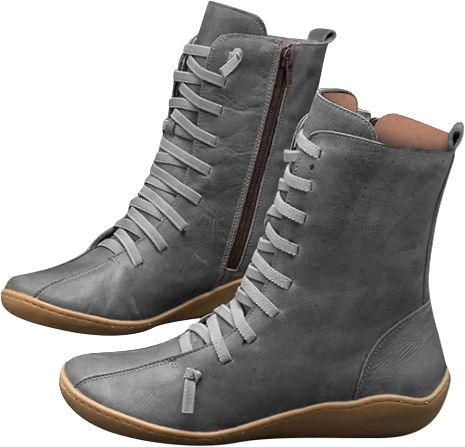 Waterproof Boots for Women Hiking Boots Women Round Toe Flat Lace up Mid Calf Hiking Boots for Women Comfortable