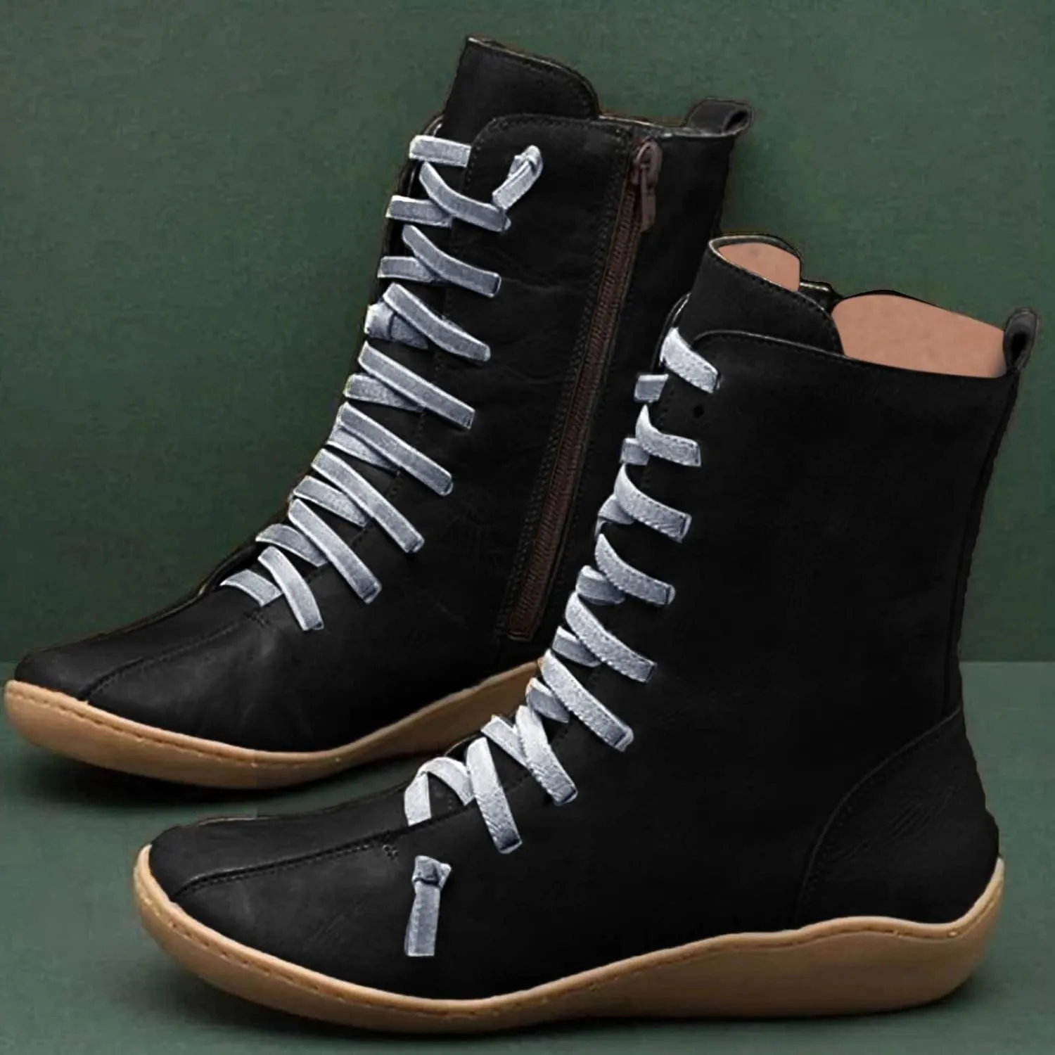 Waterproof Boots for Women Hiking Boots Women Round Toe Flat Lace up Mid Calf Hiking Boots for Women Comfortable