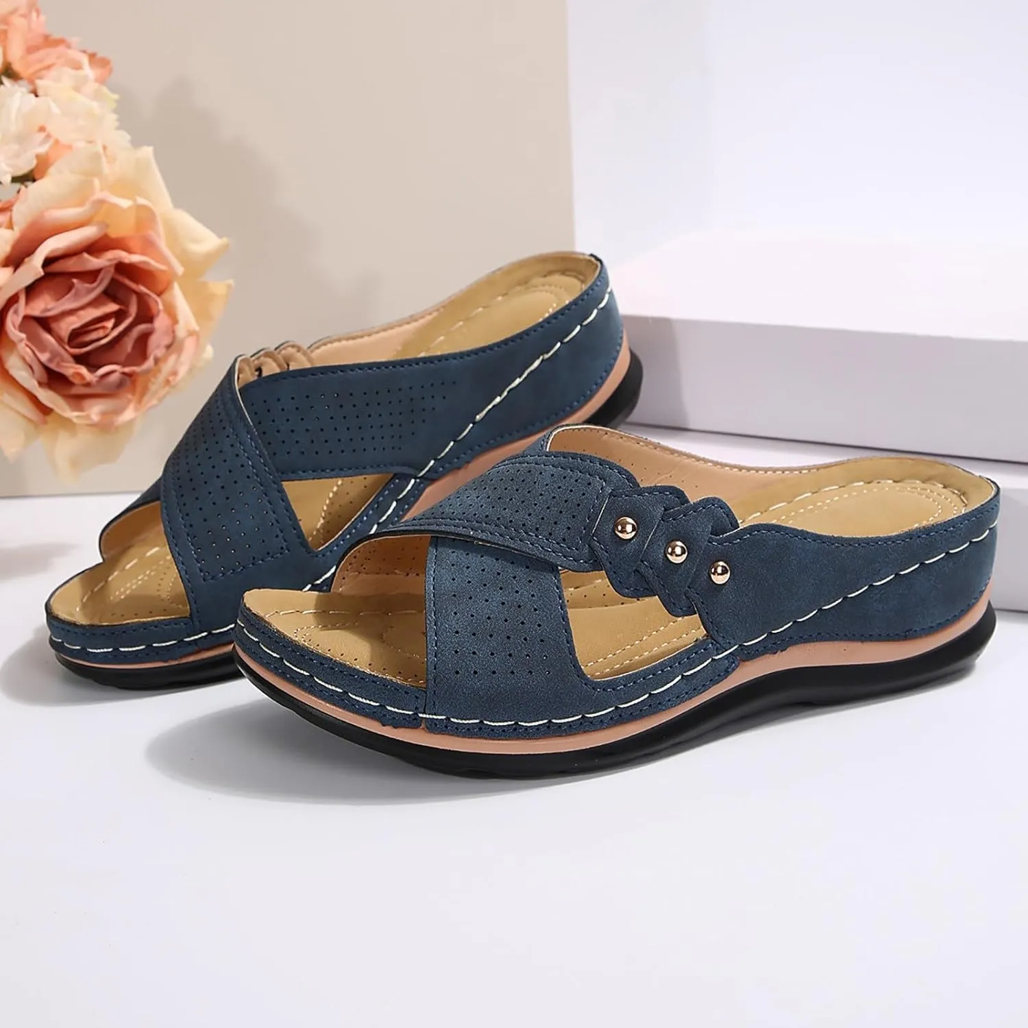 Wedge Sandals for Women Summer Lightweight Memory Foam Platform Shoes Slip On Slides Open Toe Flat Hollow Out Breathable Shoes Summer Beach Sandals