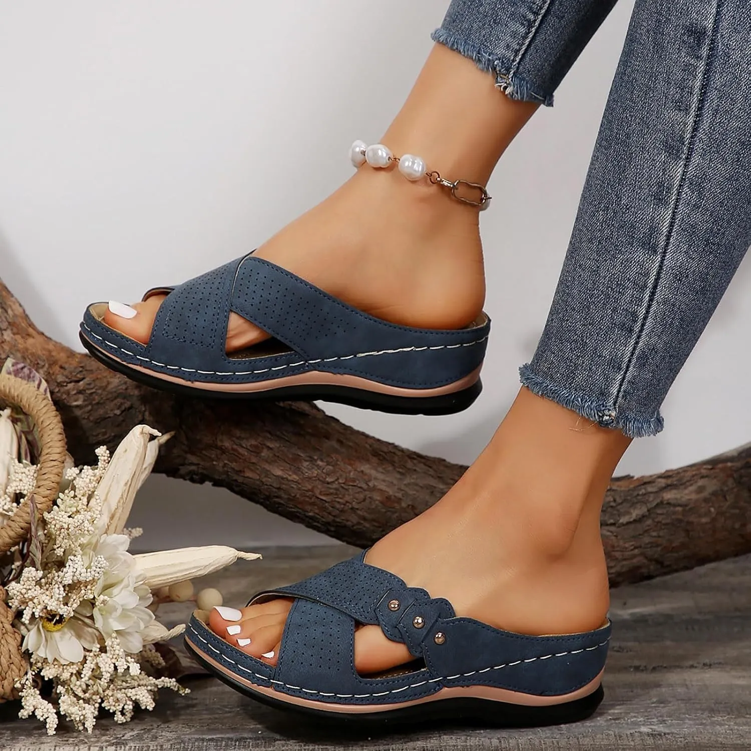 Wedge Sandals for Women Summer Lightweight Memory Foam Platform Shoes Slip On Slides Open Toe Flat Hollow Out Breathable Shoes Summer Beach Sandals