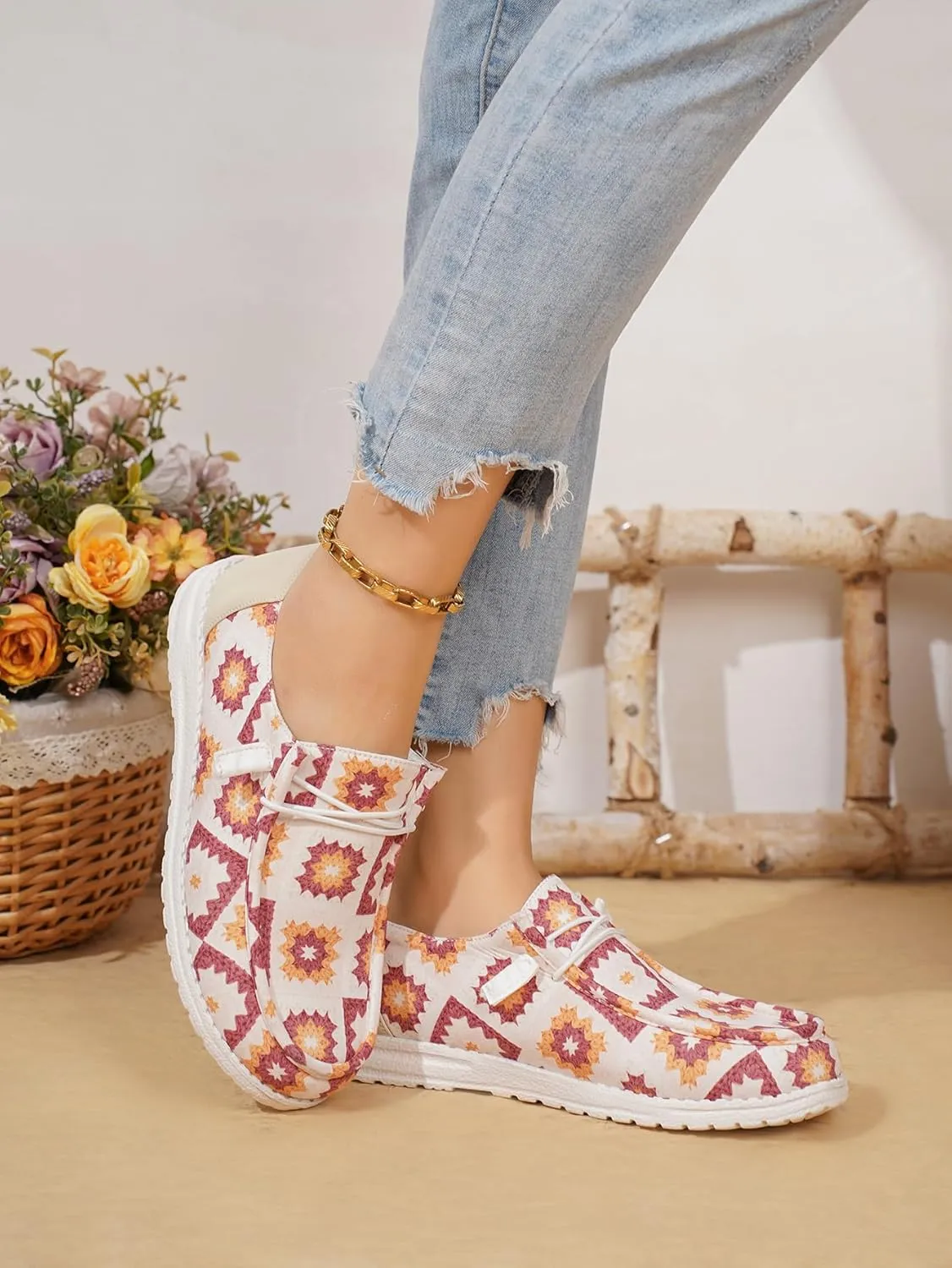 White Geometric Print Loafers & Boat Deck Shoes, Artistic Walking Shoes with Colorful Patterns & Non-Slip Sole, Lightweight Breathable Casual Shoes for Men & Women