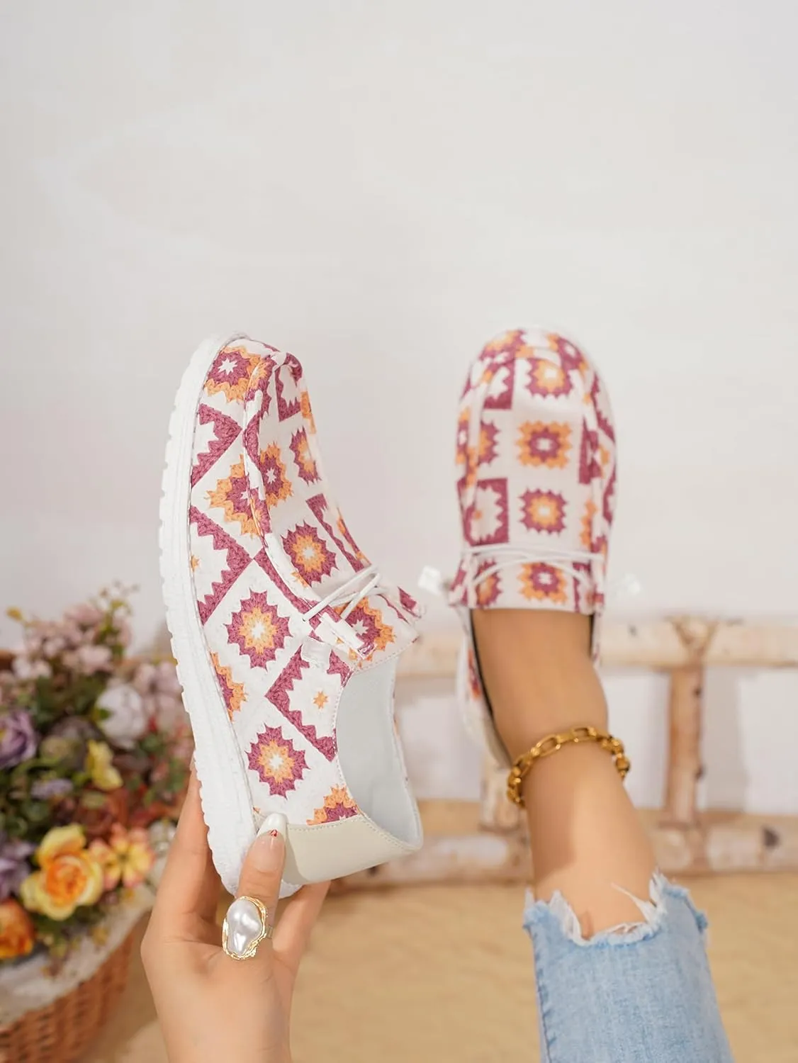 White Geometric Print Loafers & Boat Deck Shoes, Artistic Walking Shoes with Colorful Patterns & Non-Slip Sole, Lightweight Breathable Casual Shoes for Men & Women