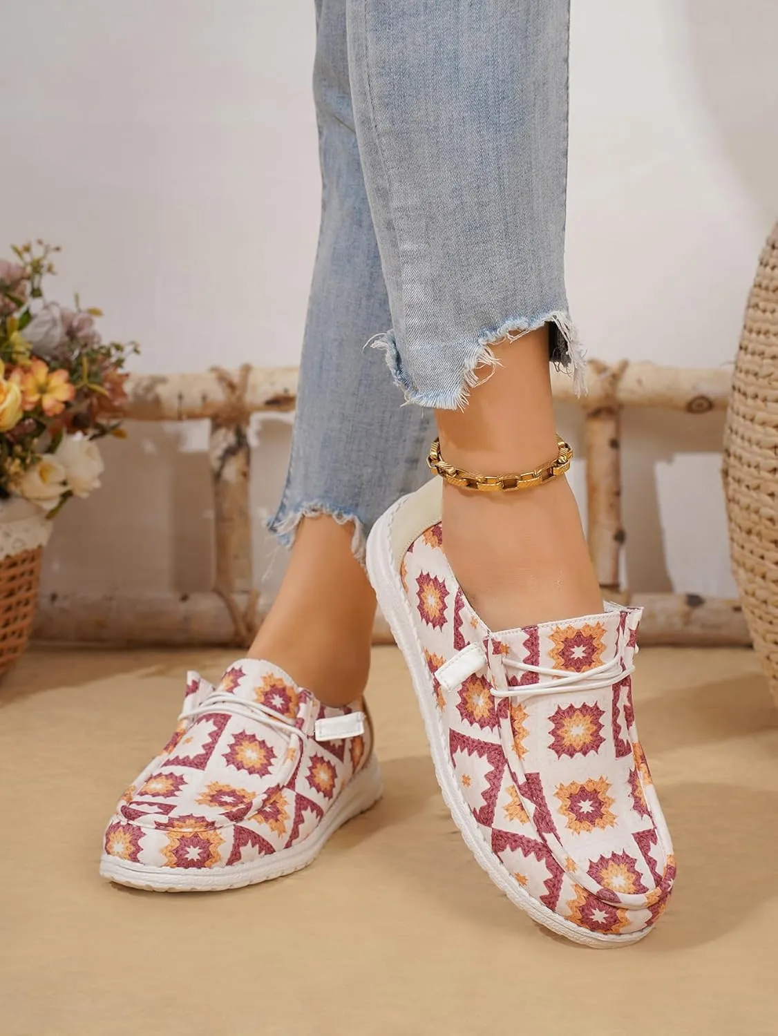 White Geometric Print Loafers & Boat Deck Shoes, Artistic Walking Shoes with Colorful Patterns & Non-Slip Sole, Lightweight Breathable Casual Shoes for Men & Women