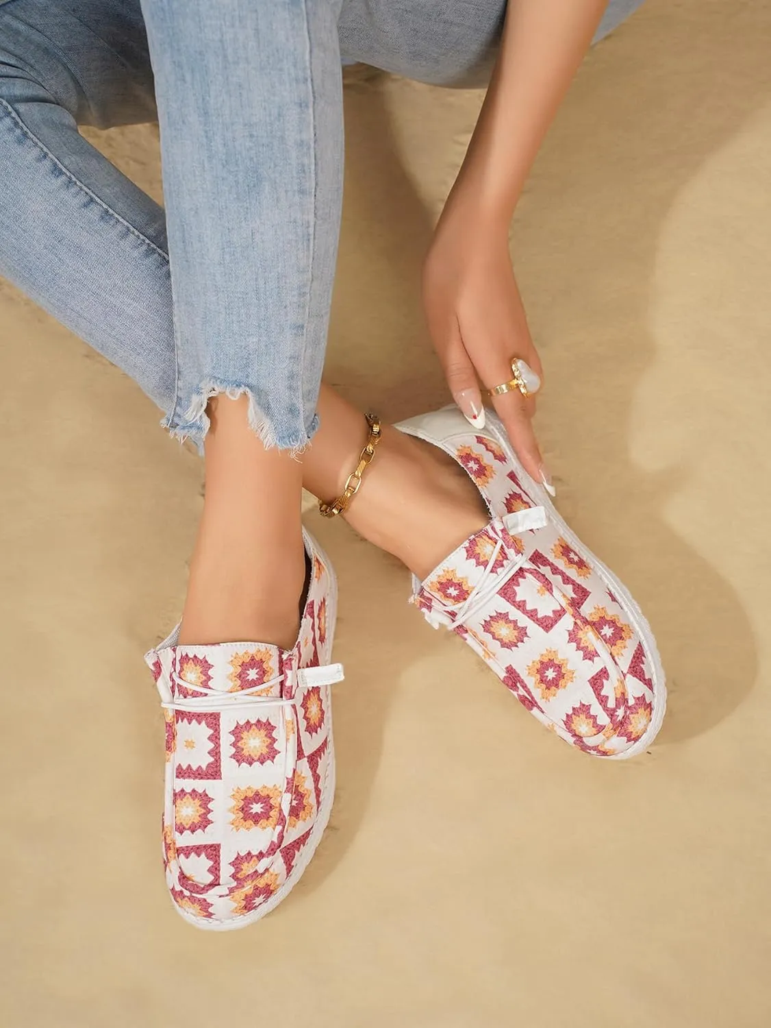 White Geometric Print Loafers & Boat Deck Shoes, Artistic Walking Shoes with Colorful Patterns & Non-Slip Sole, Lightweight Breathable Casual Shoes for Men & Women