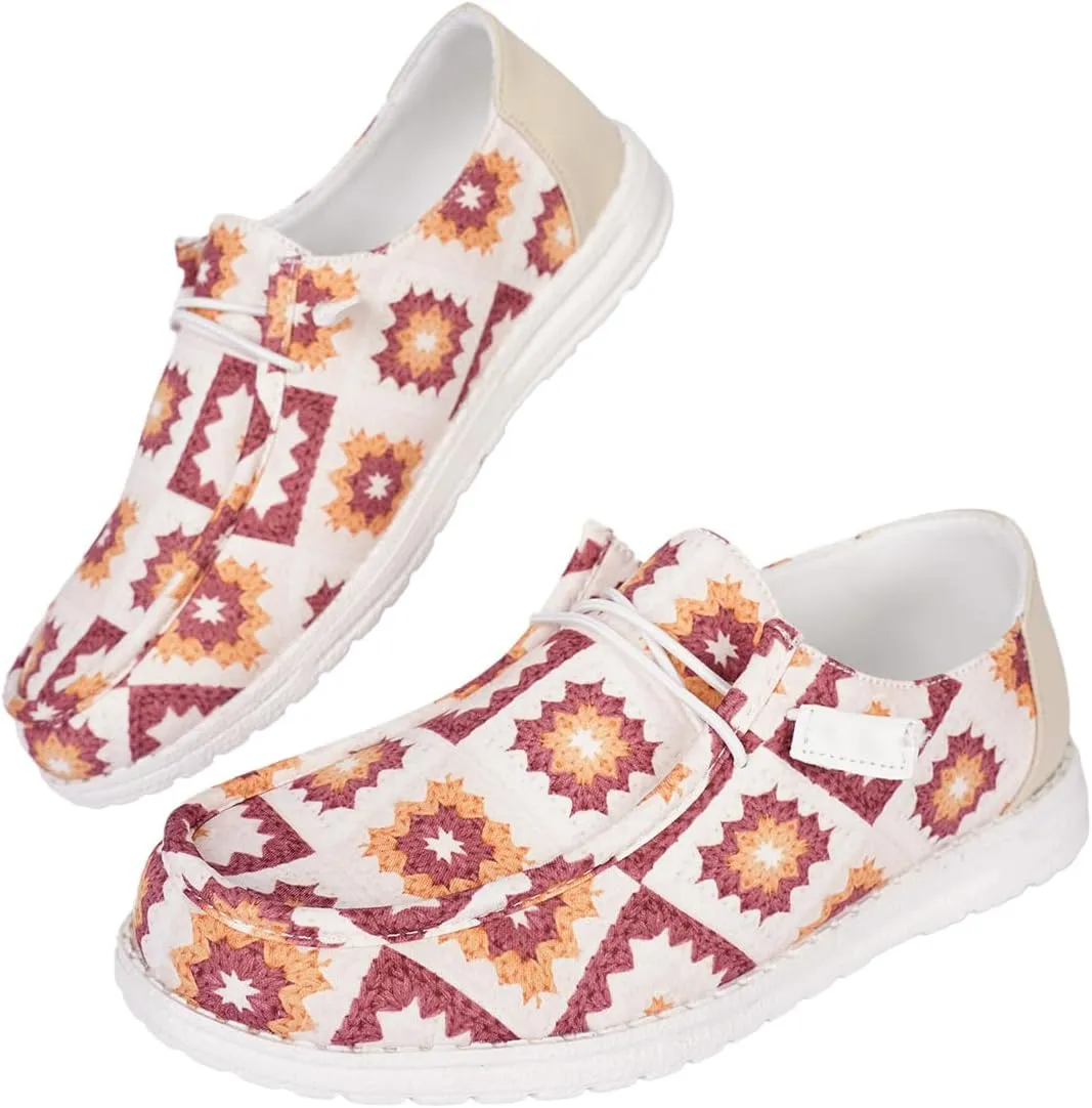 White Geometric Print Loafers & Boat Deck Shoes, Artistic Walking Shoes with Colorful Patterns & Non-Slip Sole, Lightweight Breathable Casual Shoes for Men & Women