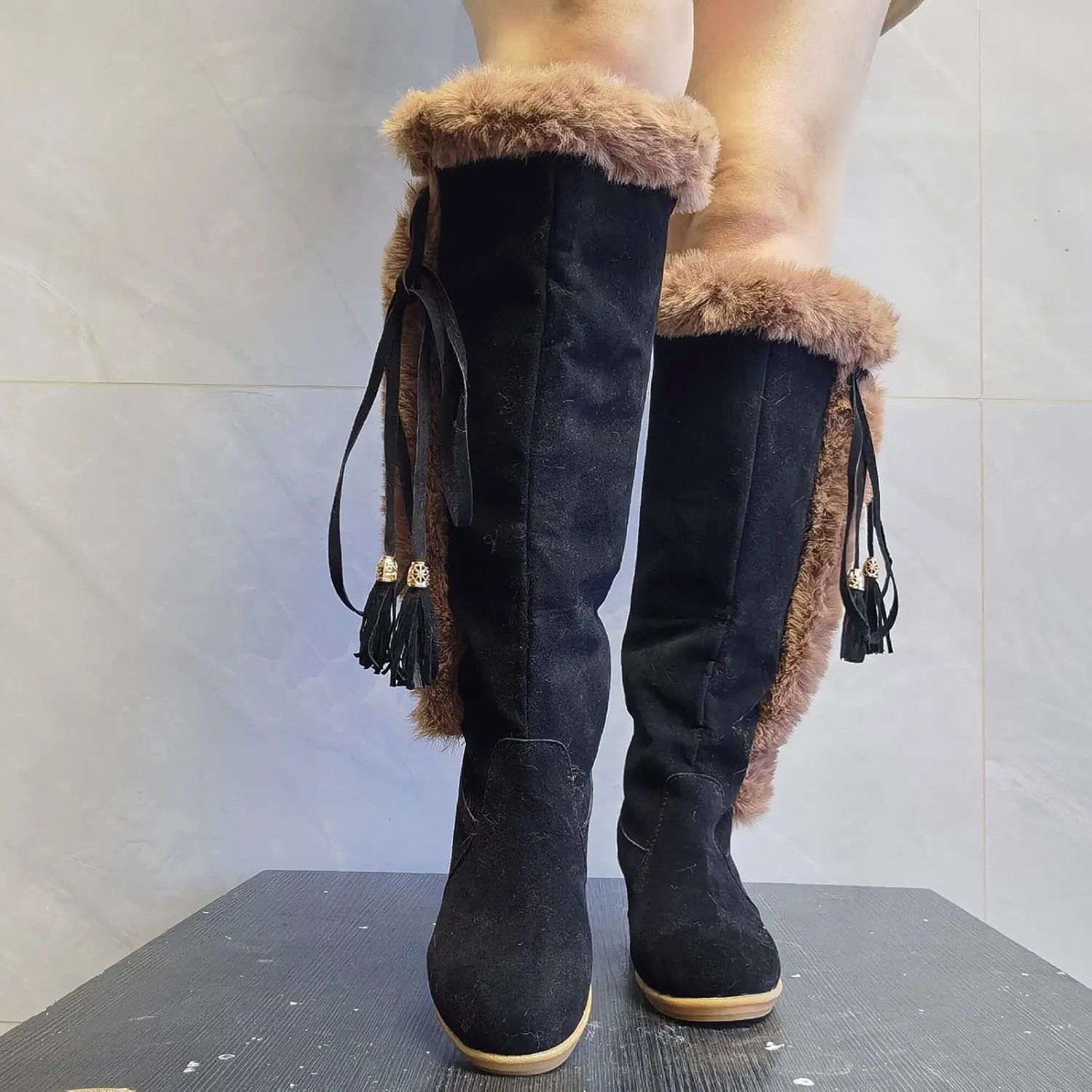 wodceeke Knee High Winter Boots for Women Fur Lined Warm Snow Boots Wedge High Heel Wide Width Lace Up Suede Boots