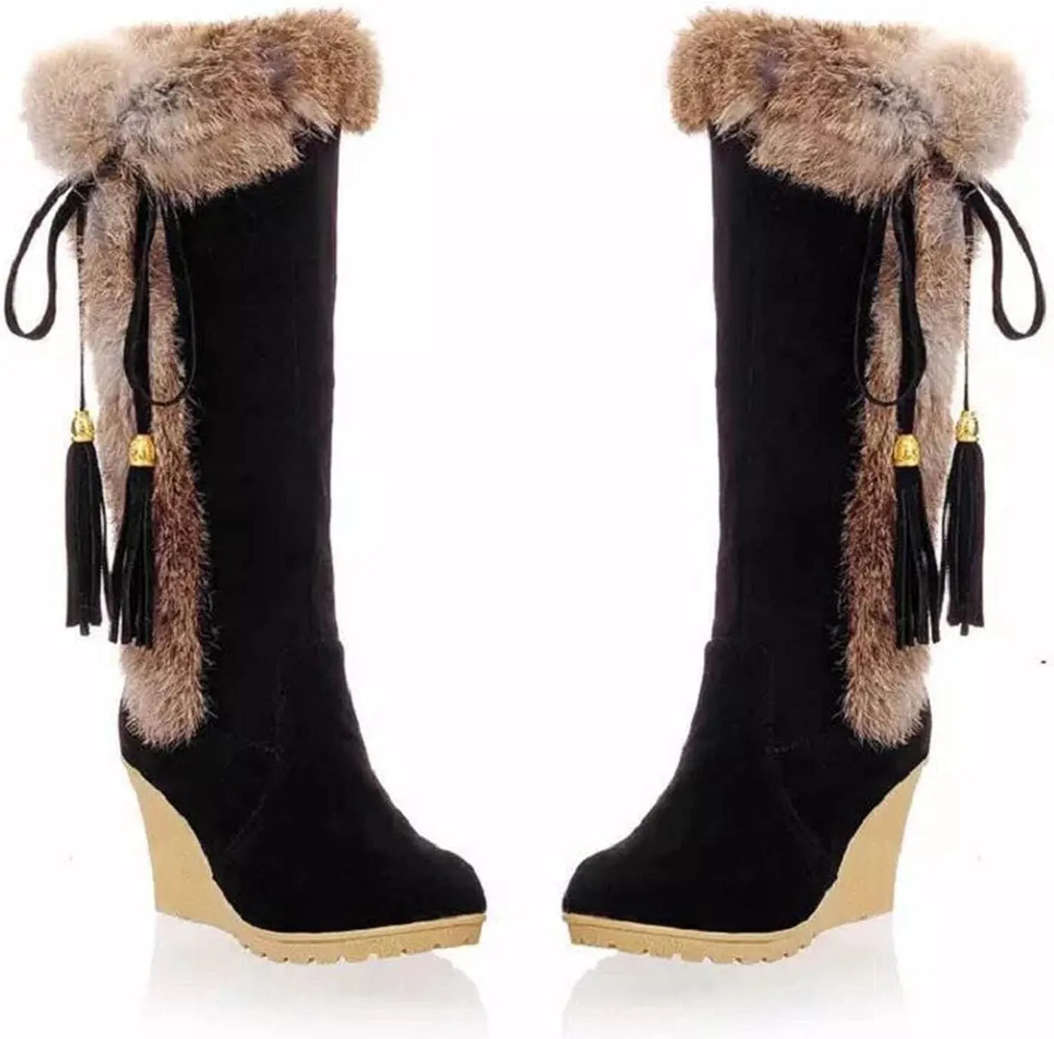wodceeke Knee High Winter Boots for Women Fur Lined Warm Snow Boots Wedge High Heel Wide Width Lace Up Suede Boots