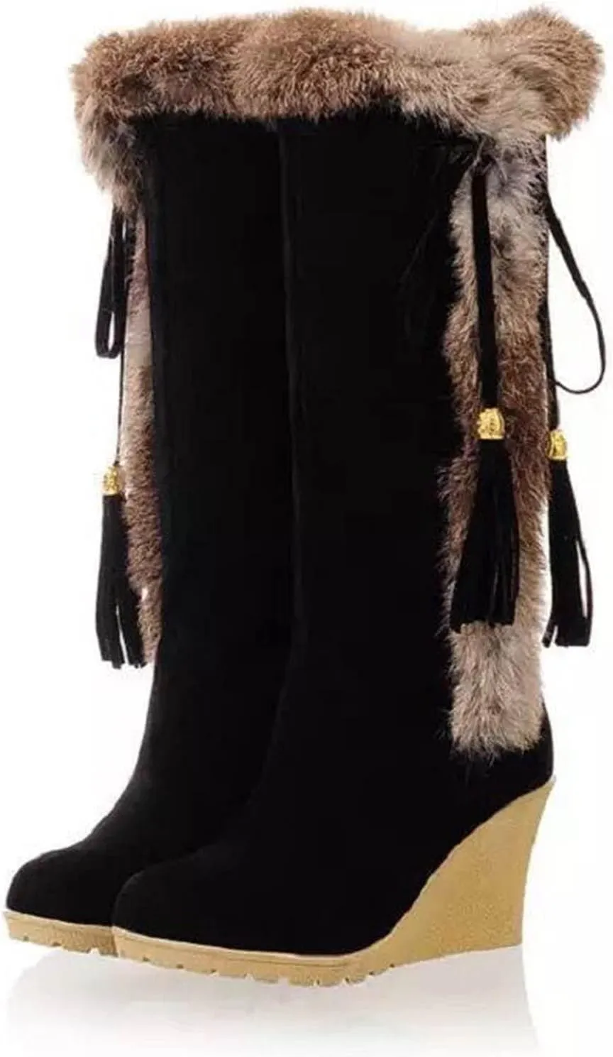 wodceeke Knee High Winter Boots for Women Fur Lined Warm Snow Boots Wedge High Heel Wide Width Lace Up Suede Boots