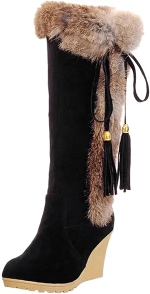 wodceeke Knee High Winter Boots for Women Fur Lined Warm Snow Boots Wedge High Heel Wide Width Lace Up Suede Boots