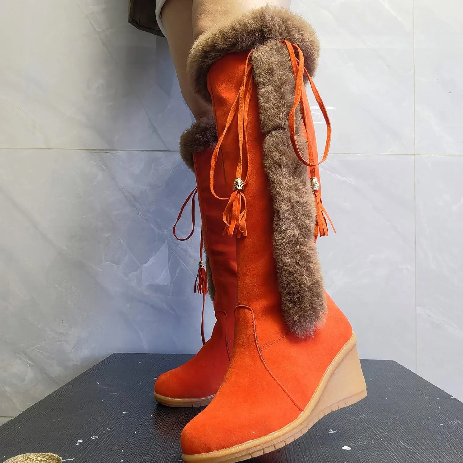 wodceeke Knee High Winter Boots for Women Fur Lined Warm Snow Boots Wedge High Heel Wide Width Lace Up Suede Boots