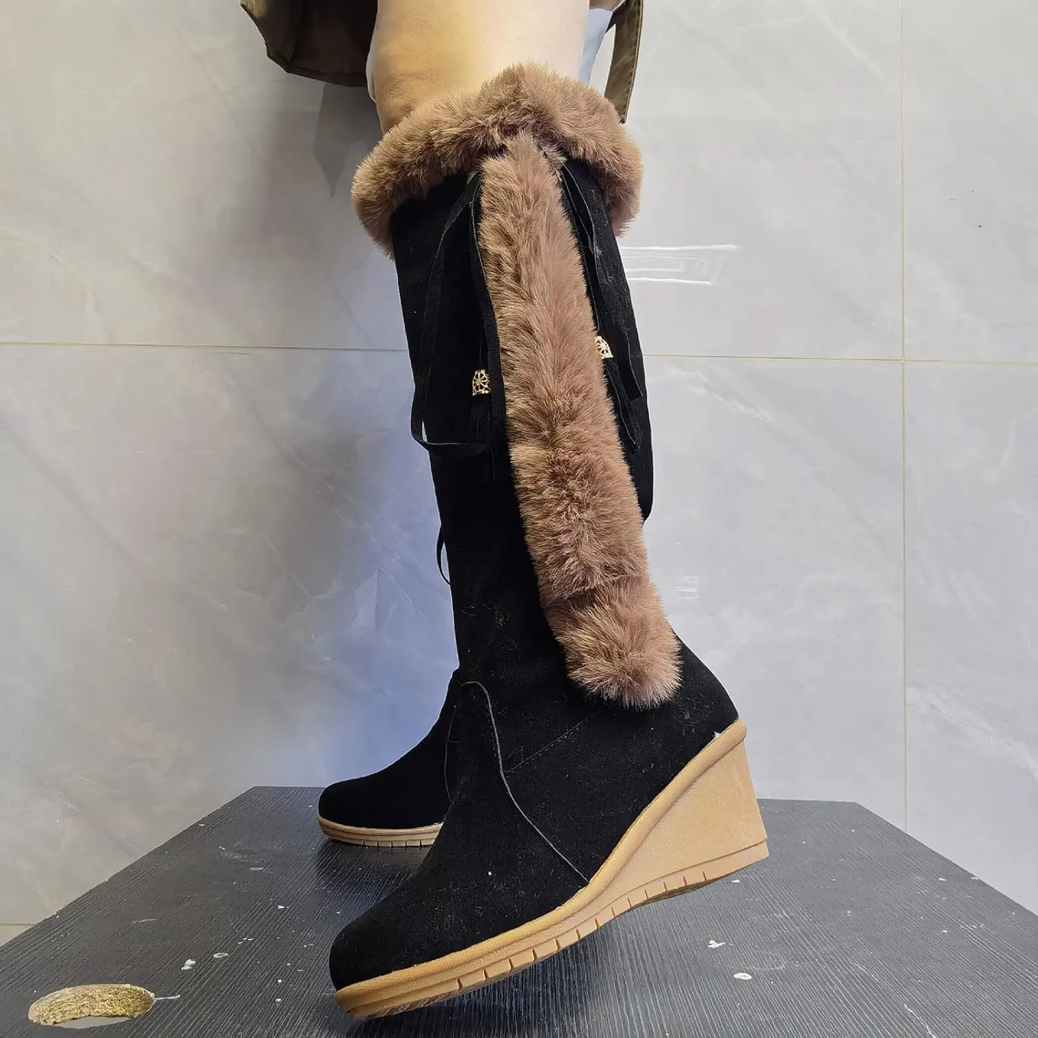 wodceeke Knee High Winter Boots for Women Fur Lined Warm Snow Boots Wedge High Heel Wide Width Lace Up Suede Boots