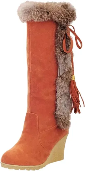 wodceeke Knee High Winter Boots for Women Fur Lined Warm Snow Boots Wedge High Heel Wide Width Lace Up Suede Boots
