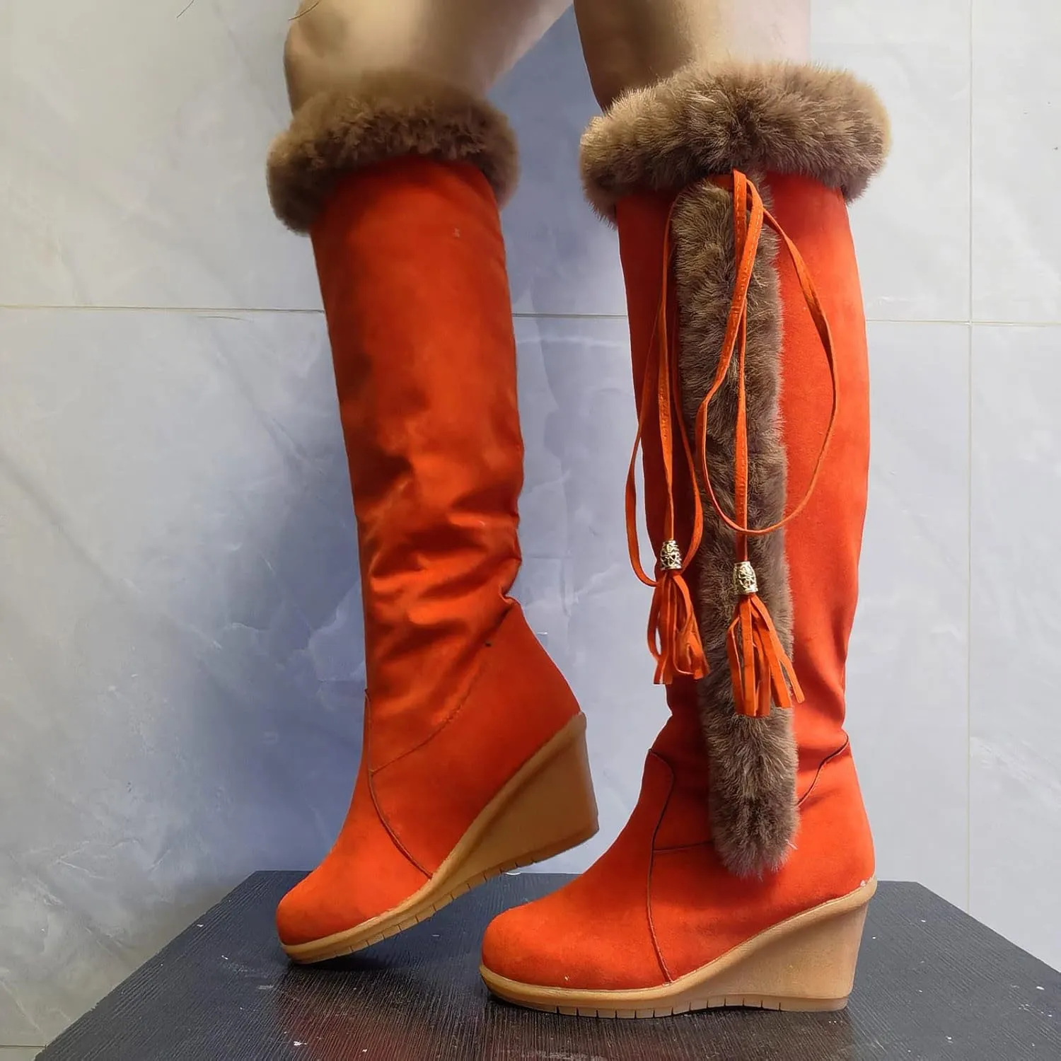wodceeke Knee High Winter Boots for Women Fur Lined Warm Snow Boots Wedge High Heel Wide Width Lace Up Suede Boots