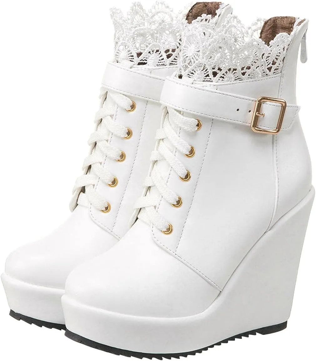 wodceeke Womens Goth Platform Boots Round Toe Ankle Booties Wedge Heel Lace Up Combat Boots Leather Motorcycle Boots