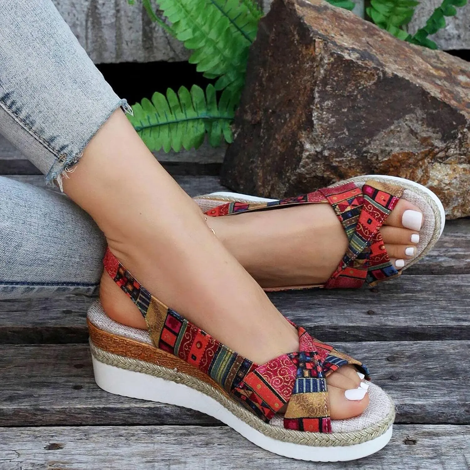 Women Geometric Pattern Slingback Sandals Vacation Canvas Wedge Sandals Bohemian Shoes Womens Sandals