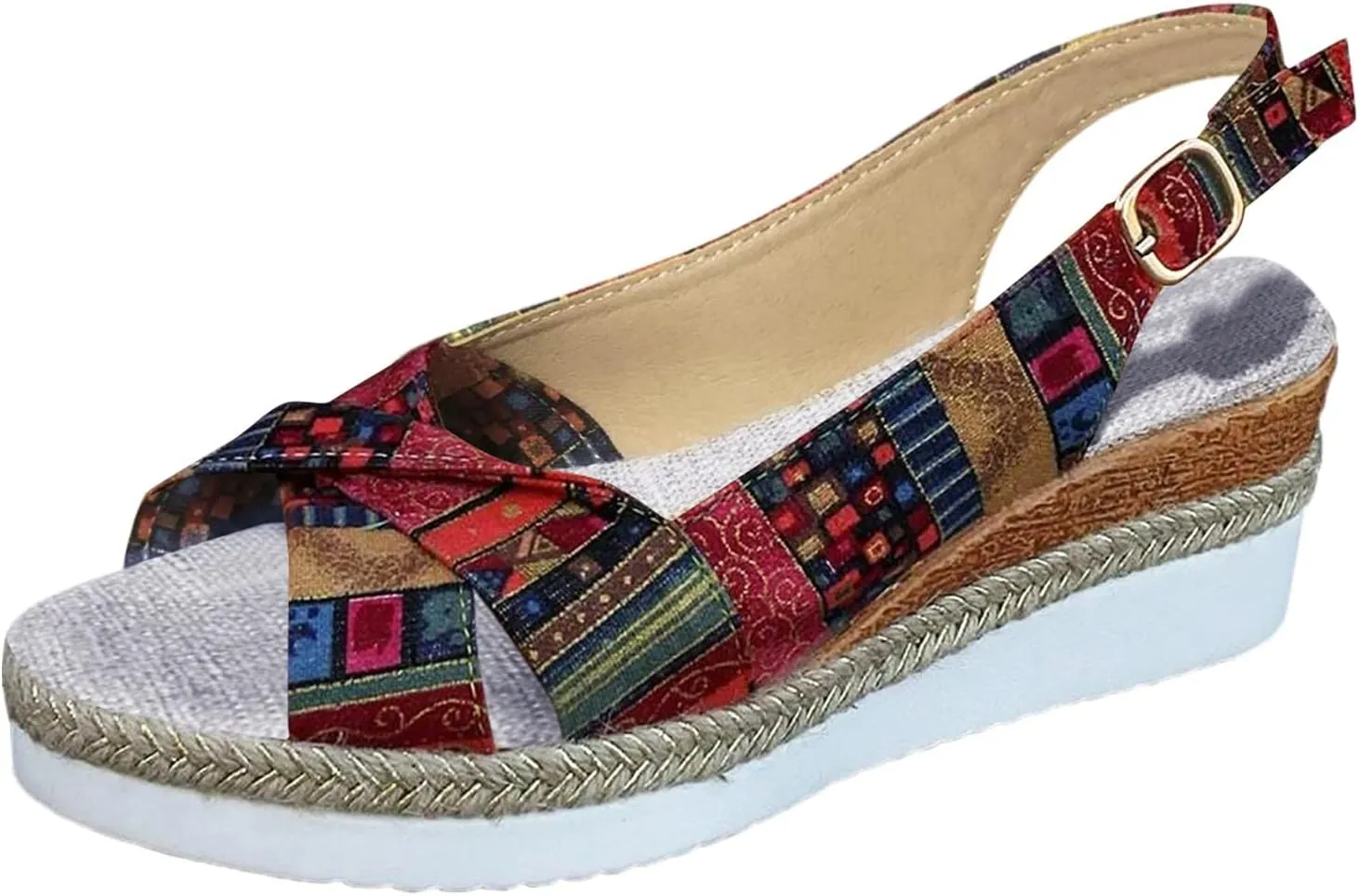 Women Geometric Pattern Slingback Sandals Vacation Canvas Wedge Sandals Bohemian Shoes Womens Sandals
