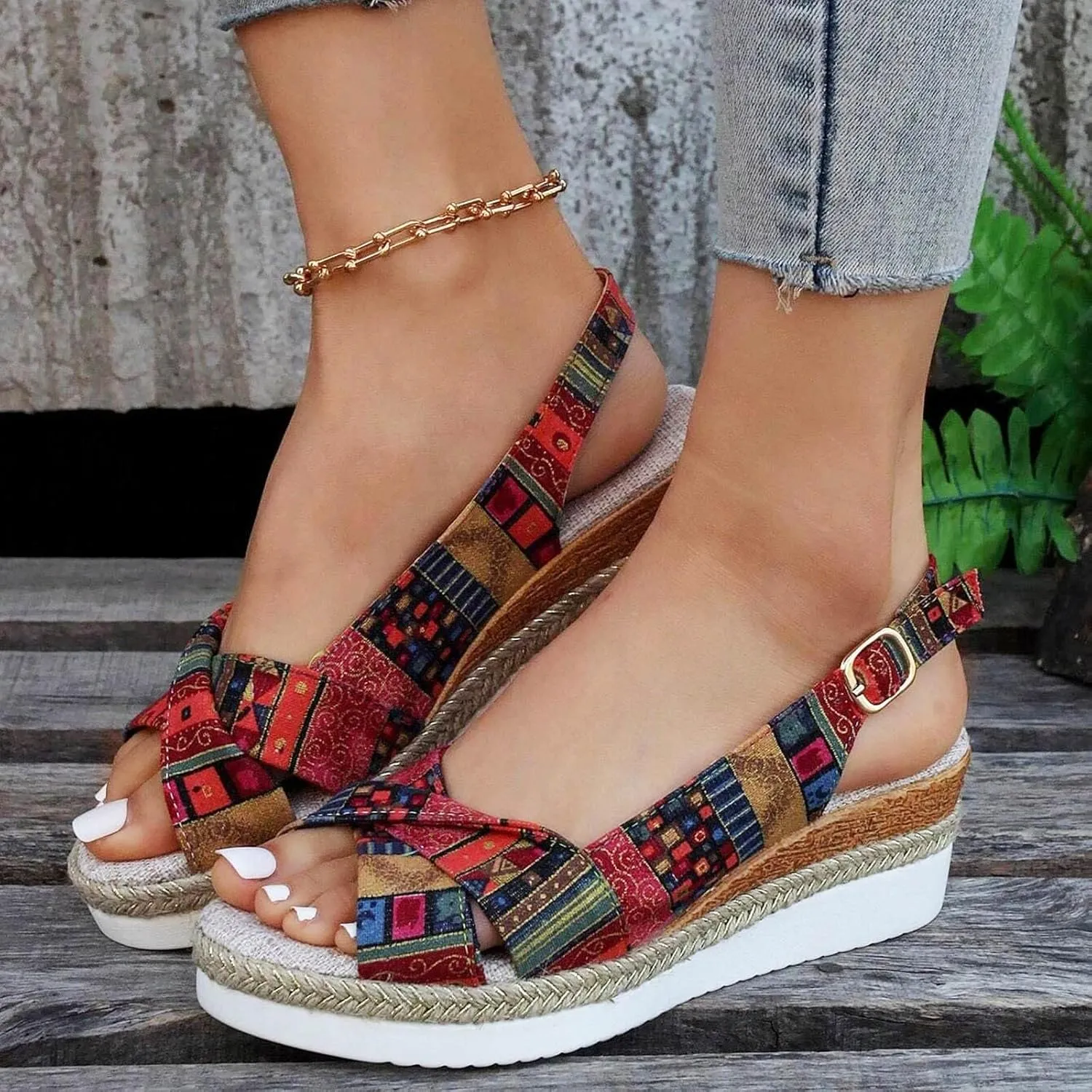 Women Geometric Pattern Slingback Sandals Vacation Canvas Wedge Sandals Bohemian Shoes Womens Sandals