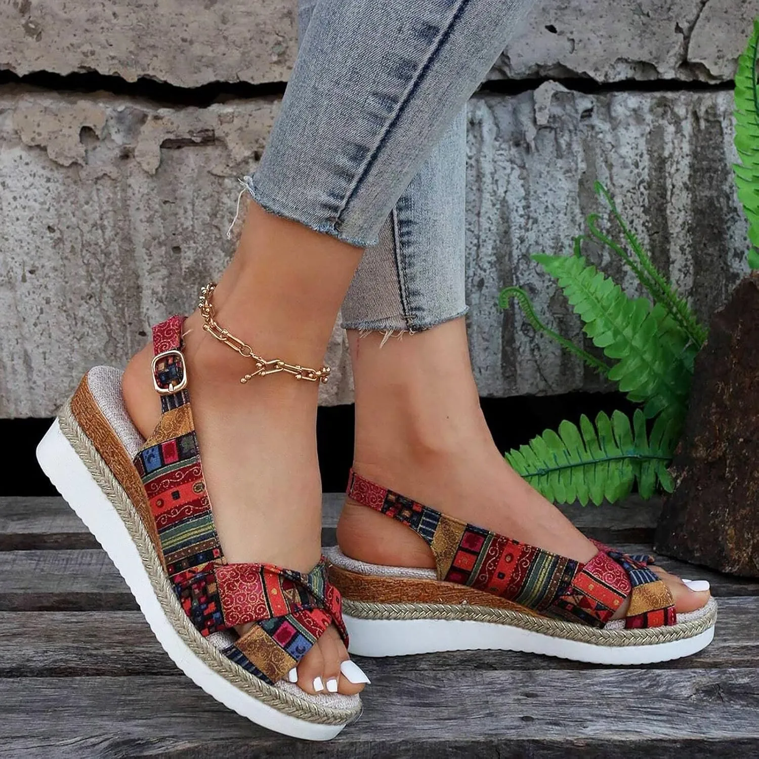 Women Geometric Pattern Slingback Sandals Vacation Canvas Wedge Sandals Bohemian Shoes Womens Sandals
