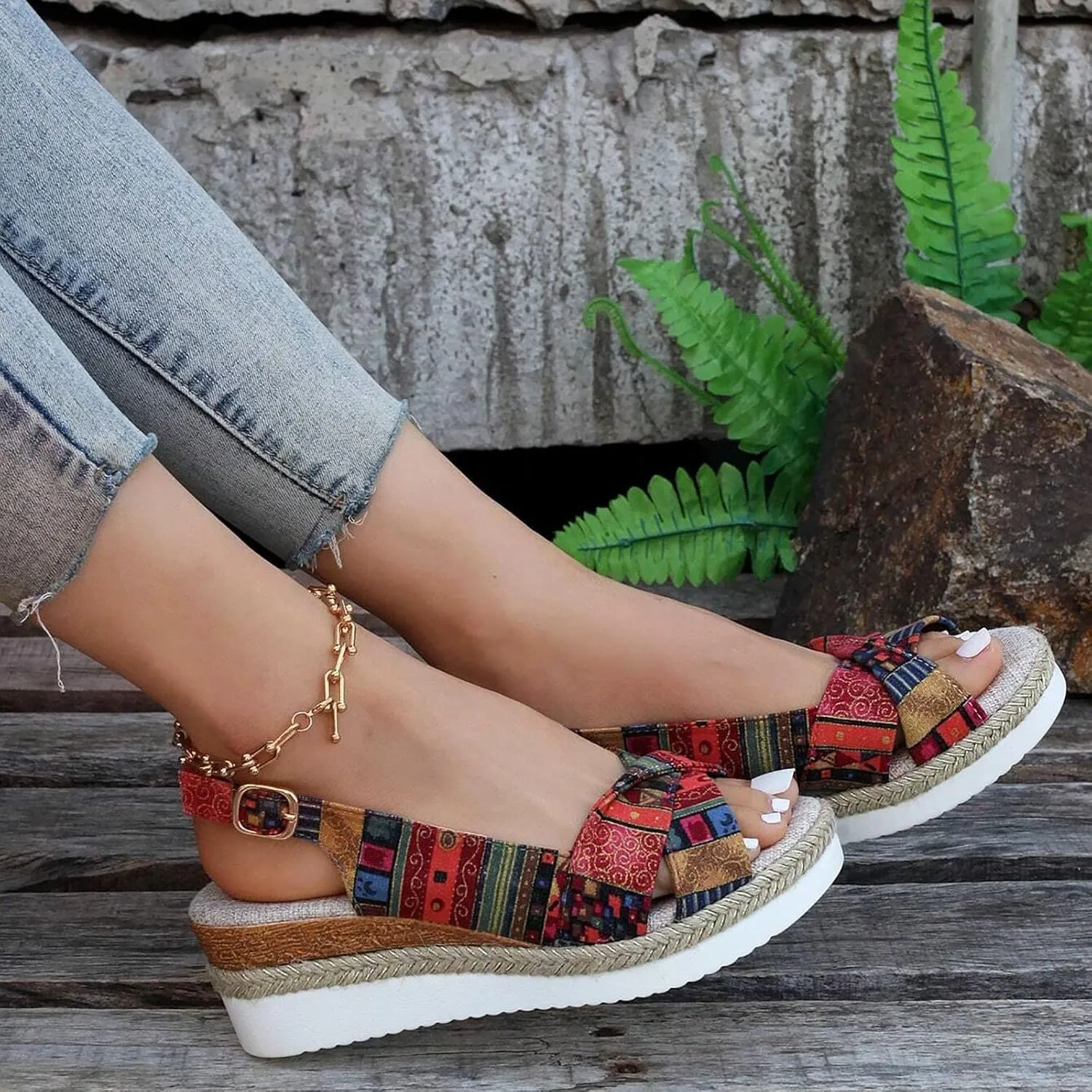 Women Geometric Pattern Slingback Sandals Vacation Canvas Wedge Sandals Bohemian Shoes Womens Sandals
